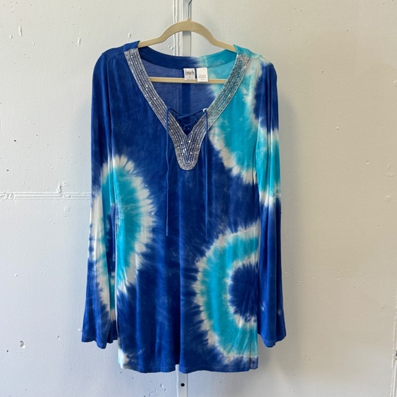 INC Beach Other - INC Beach Tie Dye Sequin Lace Up Tunic Swim Cover Up Blue Turquoise Medium